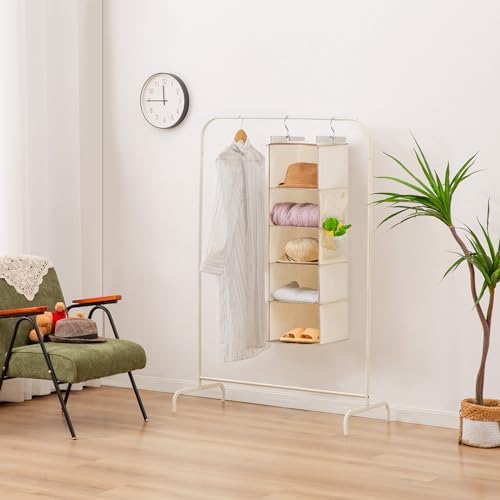 YOUDENOVA Hanging Closet Organizer and Storage for Clothes, 5-Shelf, Beige | Locker/RV/Camper Organizer, 2 Side Pockets, Hanging Shelves for Small Closet, Dorm Room Essentials for Guys, Non-woven Fabric - Image 6