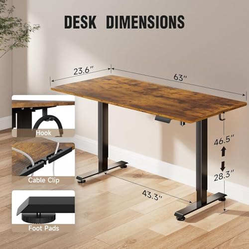Veken 63 Inch Electric Standing Desk, Height Adjustable Sit Stand Up, Wood Desktop, Work Home Office Computer PC Table, Tall Standup Workstation, Gaming Writing Study Bedroom Rising Desks, Brown - Image 2