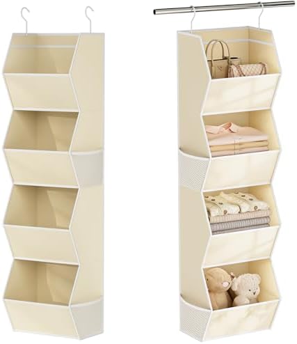 Hanging Closet Organizer 4 Shelf Collapsible Fabric Closet Organizers and Storage Hanging with Mesh Pocket for Clothes, Hanging Wardrobe Organizers and Storage for Sweater T-Shirt Shoes Toys, Beige by Wawocs