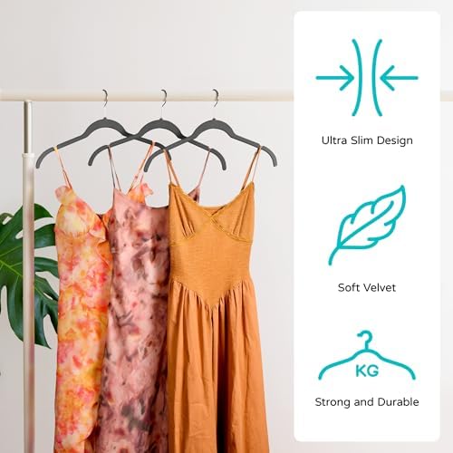 Sishynio Velvet Hangers 50 Pack, Non-Slip Slim Felt Clothes Hangers Black | Space-Saving Closet Organization; Flocked Surface; 360° Swivel Hooks; For Shirts, Coats, Dresses, Blouses - Image 3