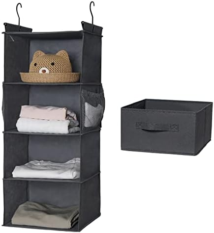 MAX Houser 4-Shelf Hanging Closet Organizer, Space Saver, Cloth Hanging Shelves with 2 Side Pockets, Foldable (Grey) | Foldable Fabric Hanging Shelves for Closet, Cloth Hanging Shelves with 2 sturdy hanging hooks, Small Space Saver - Image 3