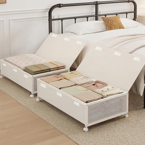 Fokyfok 2Pack Under Bed Storage Containers,10 inch Height,31 inch Long | Under Bed Shoe Storage,Underbed Storage with Wheels,Large Rolling under bed Clothes Storage Drawers,Lid,Dorm Tall,Ivory by Fokyfok