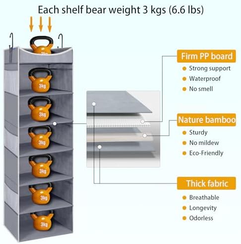 6-Shelf Hanging Closet Organizer and Storage with Side Pockets, Collapsible Closet Hanging Shelves for Storage, Grey - Image 3