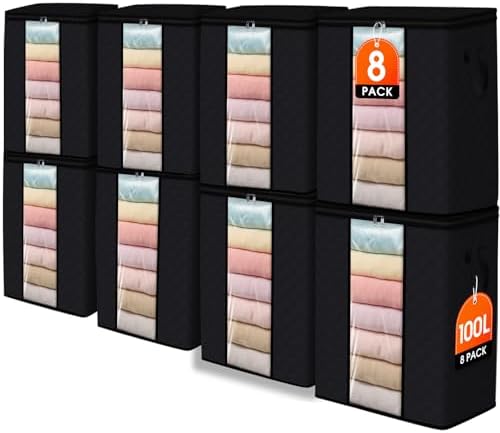 SpaceWhisper 8 Pack 100L Clothes Storage, Foldable Storage Bags, Black | Thick Fabric, Clear Window, with Reinforced Handle, for Clothing, Blanket, Comforters, Bedding Organizing by Unknown