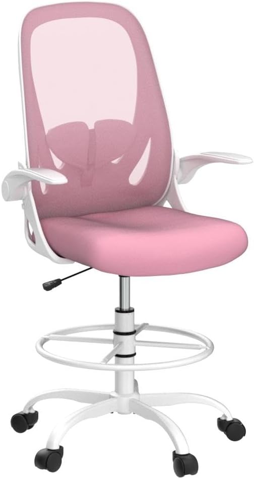 Drafting Chair Tall Office Chair with Flip-up Armrests Executive Ergonomic Computer Standing Desk Chair with Lumbar Support and Adjustable Footrest Ring (Pink) - Image 5
