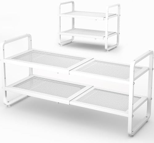 Expandable Metal Shoe Rack for Closet, Entryway & Garage, 2-Tier, White | Adjustable Height for Boots, Stackable Design, Dense Mesh Shelves for Heels, Fits Small Spaces, Apartments and Rentals by SNTD