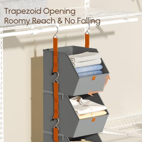 Homsorout Collapsible Hanging Closet Organizer - 6 Tier Closet Shelves Storage System with Hooks, Fabric Hanging Storage Bins for Clothes, Foldable Storage Basket for Laundry, Bedroom, Rv, Grey - Image 4