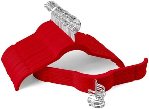 Sishynio Velvet Hangers 50 Pack, Non-Slip Slim Felt Clothes Hangers Red | Space-Saving Closet Organization; Flocked Surface; 360° Swivel Hooks; For Shirts, Coats, Dresses, Blouses by Sishynio