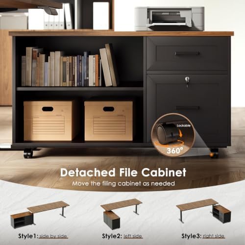 OffiGo 63" L Shaped Electric Standing Desk with Cabinet Sets, Walnut/Black - Image 6