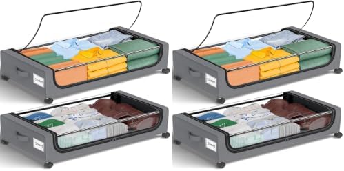 GoMaihe Under Bed Storage with Wheels: 48L Underbed Storage Containers with Lids - Rolling Bins for Shoes Clothes in Dorm Bedroom - Metal Drawers Easy Pull-out Grey 4-Pack by GoMaihe