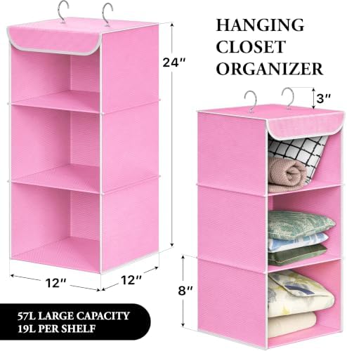 Simple Houseware 3 Shelf Hanging Closet Organizer, Pink | 360° Rotating Dual Hooks, Top Support Metal Frame - Image 2