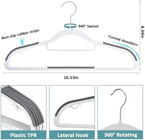 Tonswachic Pack of 30 Clothes Hangers, Space Saving Plastic Hangers, Non-Slip, 0.2 Inches Slim, 360° Swivel Silver Hook for Shirts, Pants & Wet/Dry Garments, White and Dark Gray - Image 2