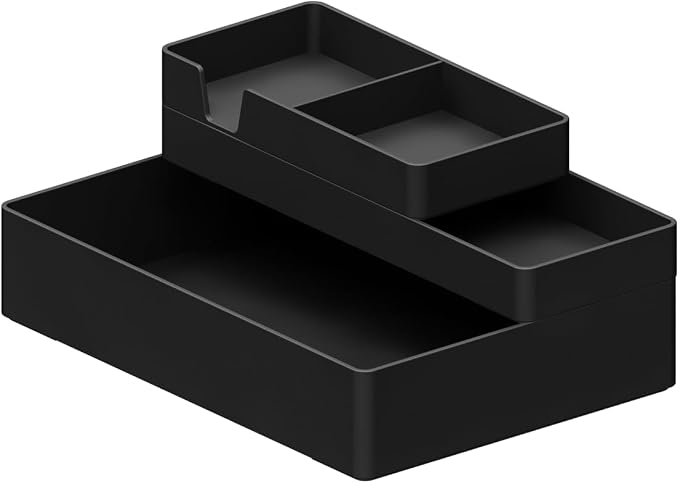 Amazon Basics Rectangular Plastic Desk Organizer Bundle, 3 Pieces with Half Accessory Tray, Small, Black - Image 4