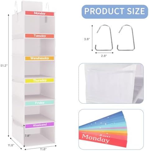 Fixwal Weekly Kids Clothes Organizer 2 Pack 6-Shelf Hanging Storage | Nonwoven Fabric, 6 Daily Shelves, 6 Mesh Side Pockets, 2 Metal Hooks, Foldable Design, for Kids Outfits and Accessories - Image 2