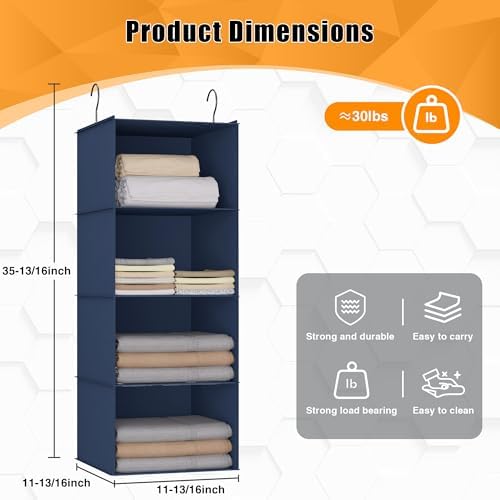 Hanging Closet Organizer 4-Shelf, Oxford Fabric Wardrobe Storage, Navy Blue | Easy-mount foldable design holds clothes, handbags, shoes & accessories; washable Oxford fabric, sturdy and space-saving. - Image 3