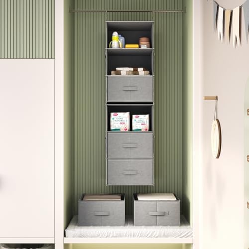 6-Shelf Hanging Closet Organizer with 3 Drawers, Separable, Medium Gray | Converts into Two 3-Shelf Organizers, Foldable Drawers, Side Pockets, Ideal for Wardrobe, Nursery, Dorm & Closet Storage - Image 2