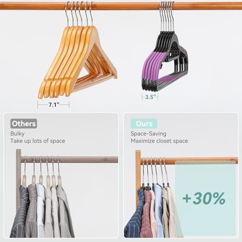 Tonswachic Pack of 50 Coat Hangers, Space-Saving Plastic Clothes Hangers, Non-Slip, 0.2 Inches Slim, 360° Swivel Silver Hook for Shirts, Pants, Suit & Wet/Dry Garments, Purple and Black - Image 6