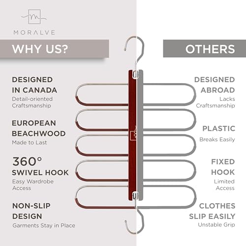 MORALVE Pants Hangers Space Saving - 2 Pack European Beechwood Scarf and Jean Hangers - Closet Organizer and Space Saver Pant Rack, Leggings Hanger, and Scarf Holder with 360° Swivel Hook - Image 5