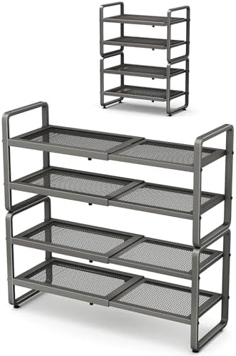 SNTD Expandable Metal Shoe Rack for Closet, Entryway & Garage, 4-Tier, Grey | Adjustable Height for Boots, Stackable Design, Dense Mesh Shelves for Heels, Fits Small Spaces, Apartments and Rentals by SNTD