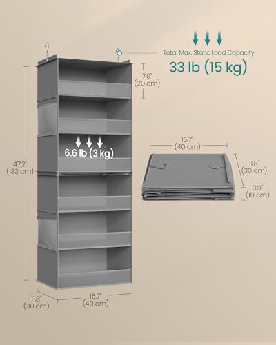 SONGMICS Widened Hanging Closet Organizer, 6-Tier, Separable，2 Pack | Foldable,Fabric Storage Shelf with 4 Side Pockets, Metal Hooks and Bamboo Inserts, Dove Gray, TINA Collection URCH008G01 - Image 2