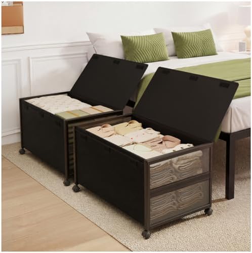 Fokyfok 2Pack Under Bed Storage Containers,16 inch Height,31 inch Long | Under Bed Shoe Storage,Underbed Storage with Wheels,Large Rolling under bed Clothes Storage Drawers,Lid,Dorm Tall,Black by Fokyfok