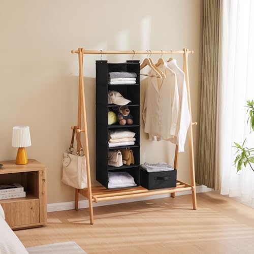 MAX Houser 6 Tier Hanging Closet Organizer with 2 Sturdy Hooks, Black | Dorm Room Essentials with 2 sturdy hooks, foldable lightweight fabric closet storage, space-saving design for Bedroom - Image 5