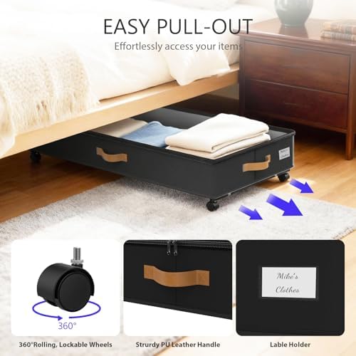 Under Bed Storage with Wheels 2-Pack, 75L XXL Under the Bed Storage Containers Large, 12" Tall Adjustable Storage for Underbed with Lids, Rolling for Clothes, Shoes, Blankets (Black) - Image 4