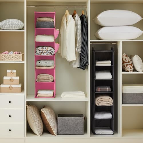YOUDENOVA Hanging Closet Organizer and Storage, 6-Shelf, Pink | Breathable Fabric, Clothes Organizer with 2 Side Pockets, Hanging Shelves for Closet Storage, Dorm Room Essentials for Guys - Image 2