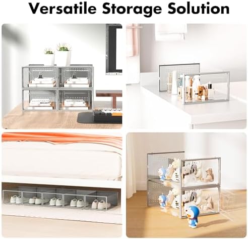 Foluck Shoe Storage Box, 15 Pack Clear Plastic Stackable Organizer for Closet, Interlocking Design Shoes Container Bins for Sneakers, Foldable Shoe Rack with Lids, Grey - Image 6