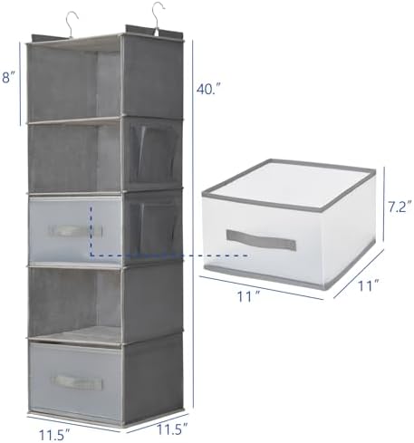 5-Tier Hanging Organizer for Closet, Fabric Closet Organizer with 2 Hooks, 2 Pull-Out Drawers, Foldable Space-Saving Storage (Gray) - Image 3