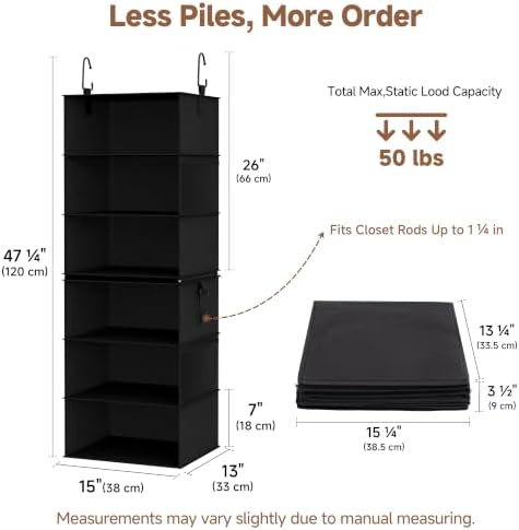 StorageWorks Hanging Closet Organizer, 6-Shelf with 2-in-1 Design, Ivory | Maximize Closet Space with Reinforced Shelves, Small Closet Storage Solution for Bedrooms, Dorms and RVs, Jumbo - Image 2