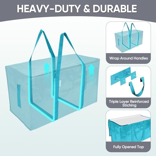 TICONN 6 Pack Extra Large Moving Bags Heavy Duty with Zippers & Carrying Handles, Durable Storage Bags Moving Boxes for Closet Organizers and Storage (6 Pack, Aqua) - Image 3
