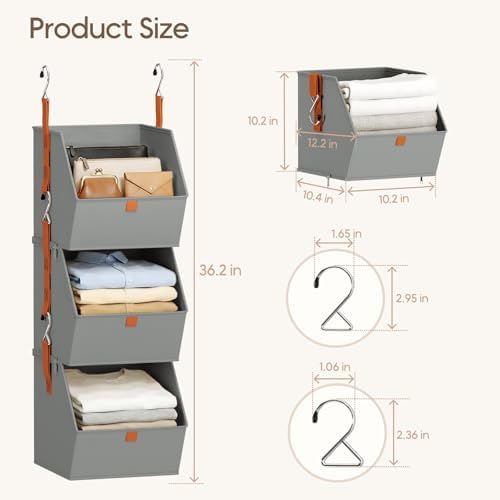 Homsorout Collapsible Hanging Closet Organizer - 6 Tier Closet Shelves Storage System with Hooks, Fabric Hanging Storage Bins for Clothes, Foldable Storage Basket for Laundry, Bedroom, Rv, Grey - Image 6