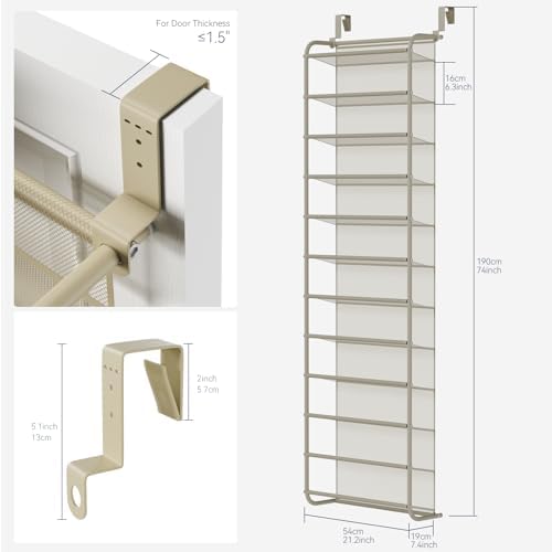 Whitmor 36 Pair Over the Door Shoe Rack,12 Tier Hanging Shoe Organizer with Metal Frame & Mesh Shelves, Heavy Duty Shoe Storage Holder for Door, No Drill Installation, 74" H x 21.7" W x 7.5" D, Oat - Image 2