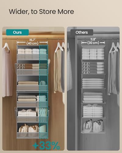 SONGMICS Widened Hanging Closet Organizer, 6-Tier, Separable，2 Pack | Foldable,Fabric Storage Shelf with 4 Side Pockets, Metal Hooks and Bamboo Inserts, Dove Gray, TINA Collection URCH008G01 - Image 4