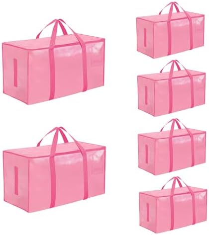 6 Pack-Extra Large Heavy Duty Moving Bags - Waterproof Storage Totes with Handles & Zippers, Foldable for College Dorm, Storage (Pink) by Unknown