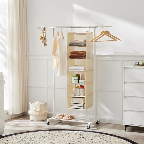 MAX Houser 6 Tier Shelf Hanging Closet Organizer with 2 Hooks, Beige | foldable lightweight fabric closet storage, space-saving design for Bedroom, Closet Hanging Shelf for Storage - Image 2