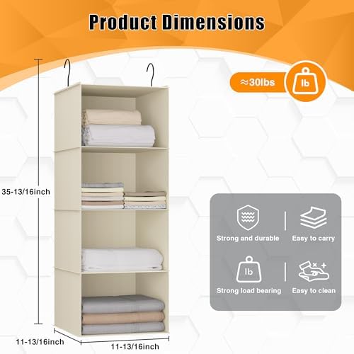 Hanging Closet Organizer 4-Shelf, Oxford Fabric Wardrobe Storage, Beige | Easy-mount foldable design holds clothes, handbags, shoes & accessories; washable Oxford fabric, sturdy and space-saving. - Image 3
