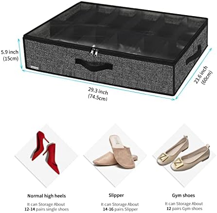 Onlyeasy Under Bed Shoe Storage Organizer with Sturdy Handles and Clear Window 1 Pack Fits 12 Pairs, Premium Foldable Underbed Shoes Container Box for Closet, Linen-like Black, MXAUBSB1P - Image 2