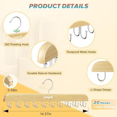 Gomyrod Tank Top Hanger, 1 Pack w/20 Hooks Bra Hanger for Closet Organizer | Premium Wood Space Saving Hanger, 360°Rotating Closet Organizers and Storage, Multi Hook Hanger for Dorm & Apartment - Image 2