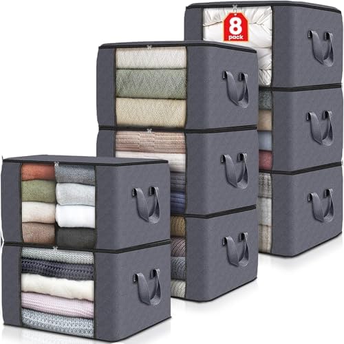 Fab totes 8 Pack Storage Bags for Clothes Blanket Storage Bins with Lids | Foldable Closet Organizers with Zippers,Window and Handles,Fabric Storage Bins for Sweater,Comforter,Bedding,Dorm essentials by Fabtotes