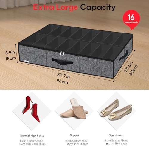 Onlyeasy Sturdy Under Bed Shoe Storage Organizer with Handles and Clear Window Fit 16 to 32 Pairs, Premium Foldable Shoes Container Box for Closet, 37.7x 23.6x 5.9 inch, Cotton-like Black, MXBUBS16P2 - Image 2