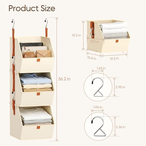 Homsorout Collapsible Hanging Closet Organizer - 3 Tier Closet Shelves Storage System with Hooks, Fabric Hanging Storage Bins for Clothes, Foldable Storage Basket for Laundry, Bedroom, Rv, Beige - Image 6