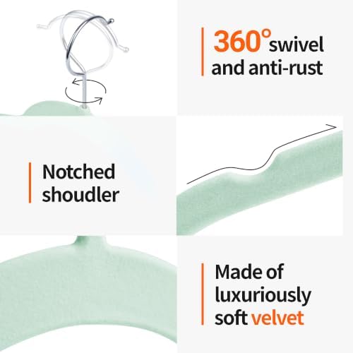 Sishynio Velvet Hangers 30 Pack, Non-Slip Slim Felt Clothes Hangers Green | Space-Saving Closet Organization; Flocked Surface; 360° Swivel Hooks; For Shirts, Coats, Dresses, Blouses - Image 2