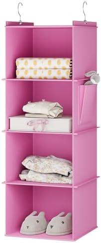 YOUDENOVA Hanging Closet Organizer and Storage, 4-Shelf, Light Pink | Locker/RV/Camper Organizer, Side Pocket, Hanging Shelves for Small Closet, Dorm Room Essentials for Guys, Breathable Fabric by YOUDENOVA