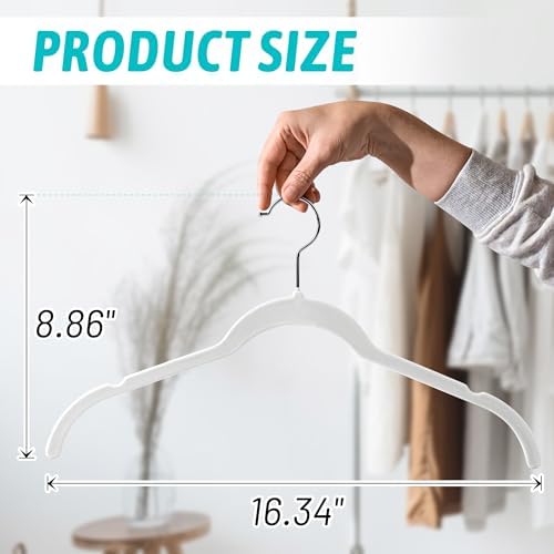 Sishynio Velvet Hangers 100 Pack, Non-Slip Slim Felt Clothes Hangers White | Space-Saving Closet Organization; Flocked Surface; 360° Swivel Hooks; For Shirts, Coats, Dresses, Blouses - Image 6