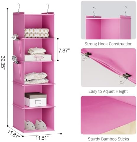 YOUDENOVA Hanging Closet Organizer and Storage, 5-Shelf, Light Pink | Locker/RV/Camper Organizer, 2 Side Pockets, Hanging Shelves for Small Closet, Dorm Room Essentials for Guys, Non-woven Fabric - Image 3