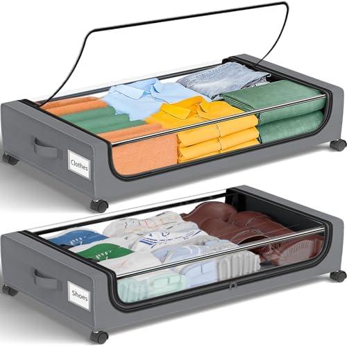 GoMaihe Under Bed Storage with Wheels 48L Grey 2-Pack | Rolling Bins for Shoes Clothes in Dorm Bedroom - Metal Drawers Easy Pull-out by GoMaihe