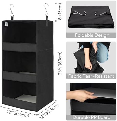 GRANNY SAYS 3-Shelf Hanging Closet Organizer, Foldable Storage, Black | 33 lb Capacity, No-Sag Support, Keeps Clothes Neat, Folds Flat, Fits RV, Dorm & Small Closets, 2 Pack - Image 3