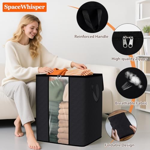 SpaceWhisper 3 Pack 100L Clothes Storage, Foldable Storage Bags, Black | Thick Fabric, Clear Window, with Reinforced Handle, for Clothing, Blanket, Comforters, Bedding Organizing - Image 3